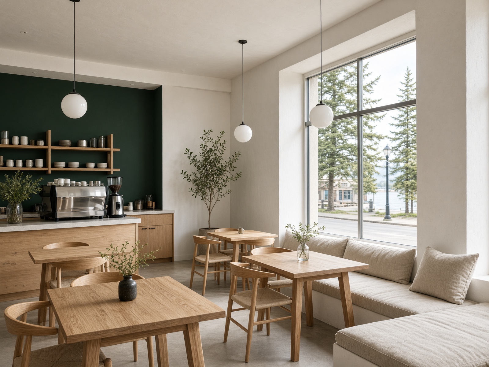 Boutique café interior with plaster walls and a forest-green accent