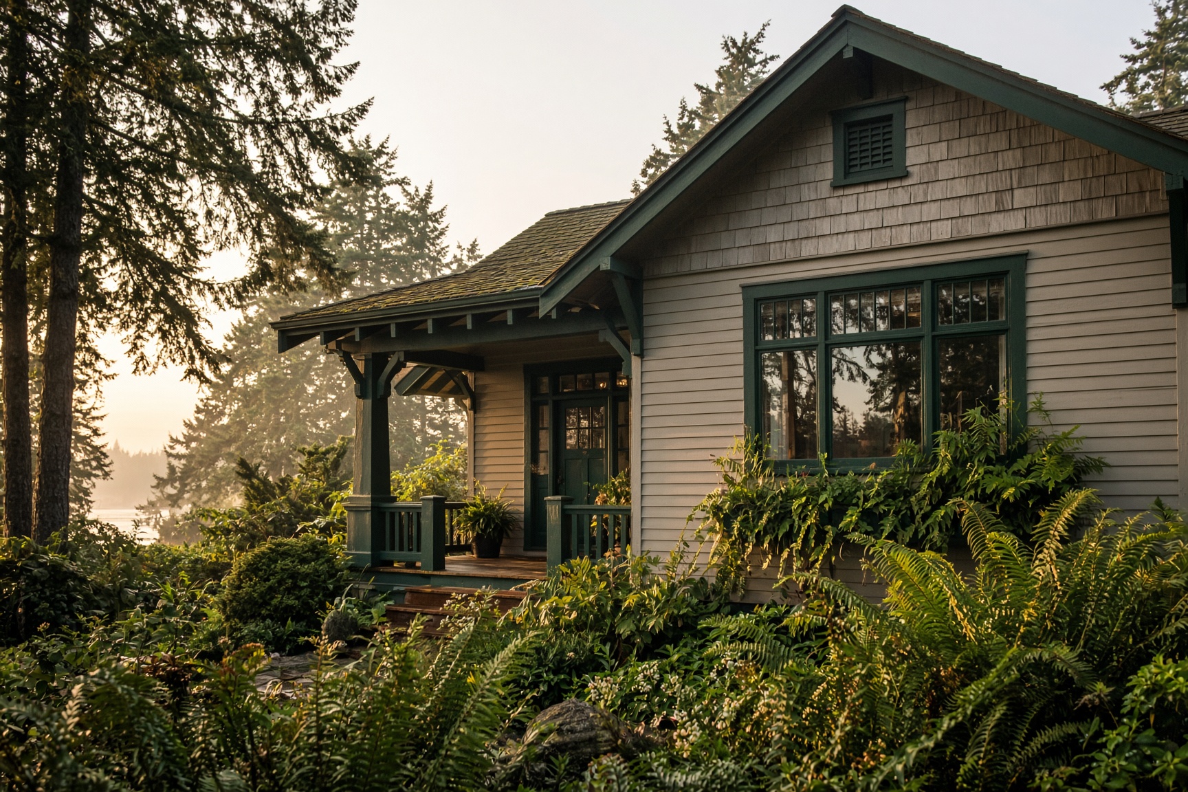 West-coast craftsman house with fresh greige paint and forest-green trim