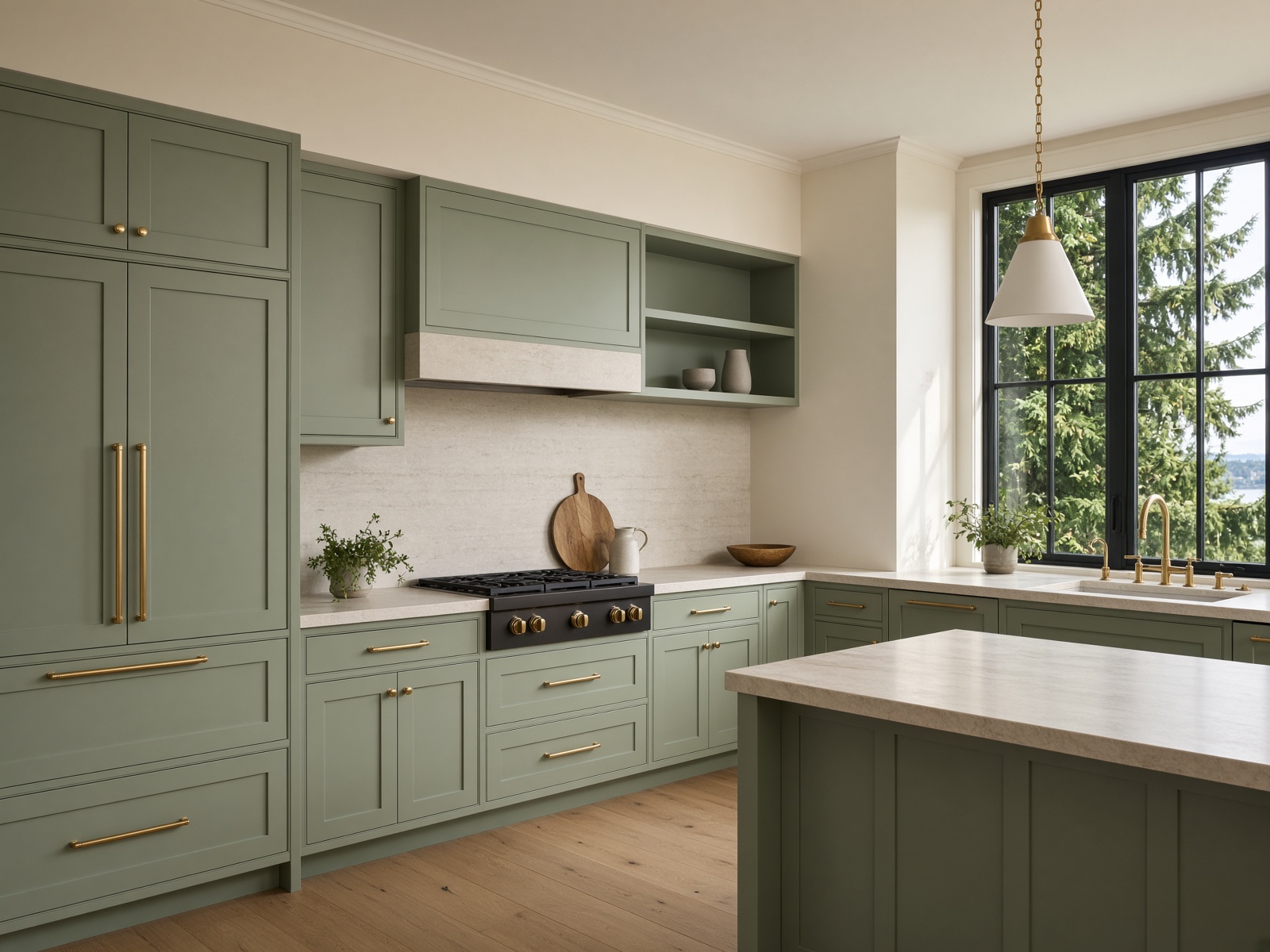 Freshly painted sage kitchen with cream walls and morning light
